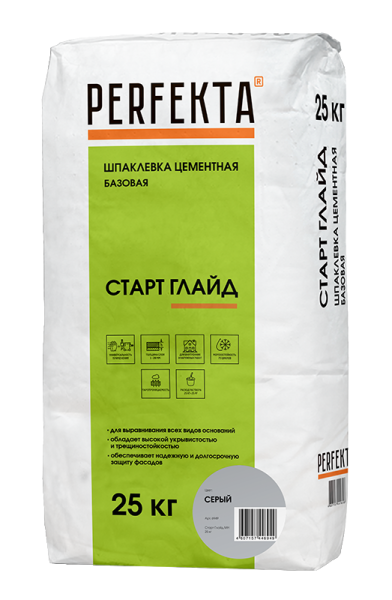 PERFEKTA Шпаклевка цементная базовая Старт Глайд МН серый, 25 кг